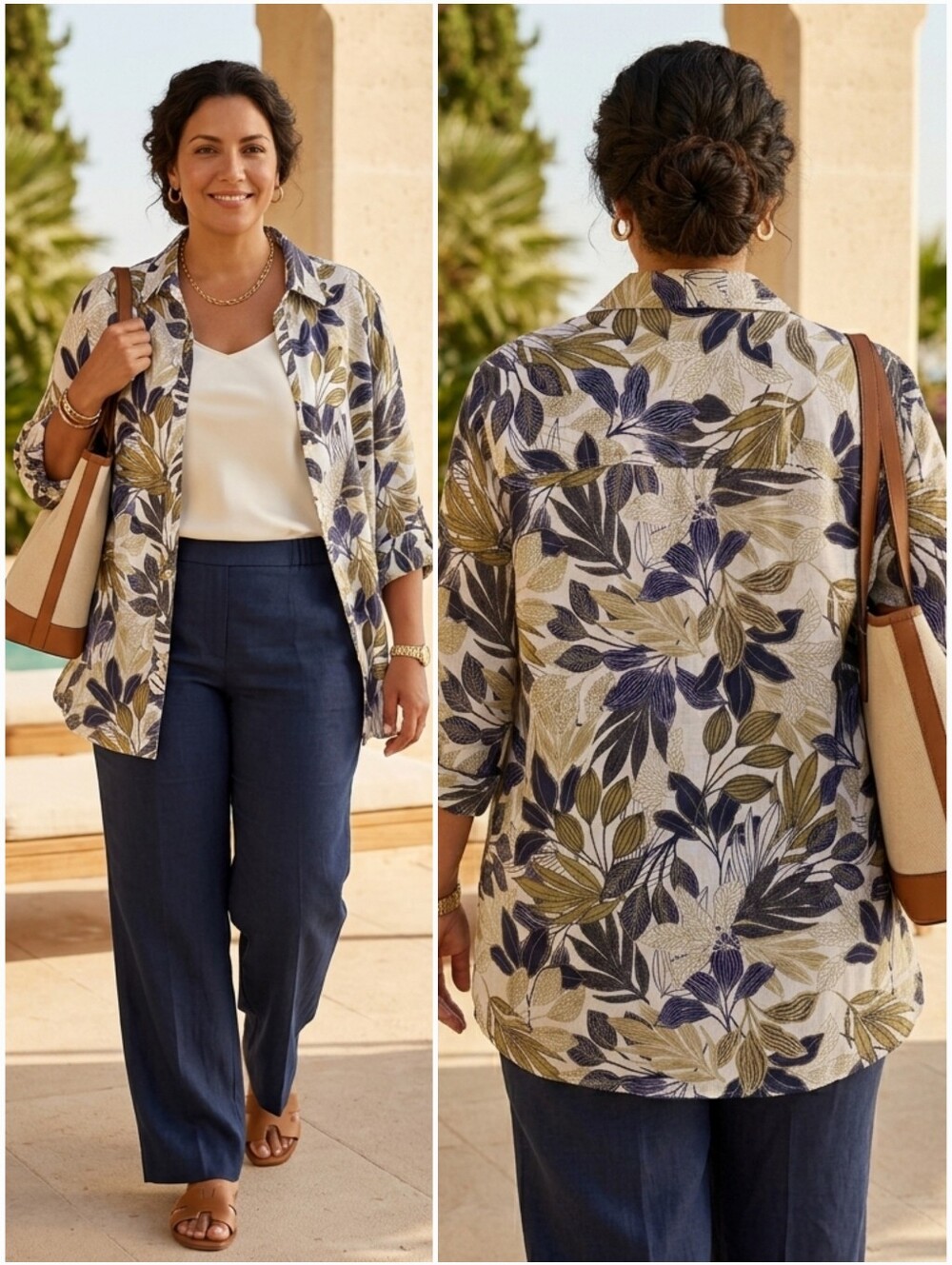 NWT Tahari 2X Quiet Luxury Resortwear Lagenlook Tropical Linen Buttoned Tunic